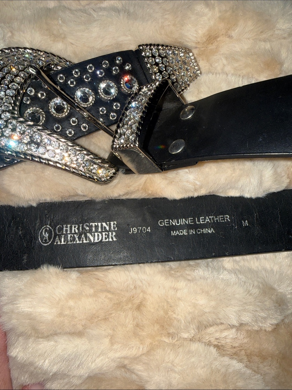 Christine Alexander Black Leather Belt with Crystal Buckle and Stud Accents
